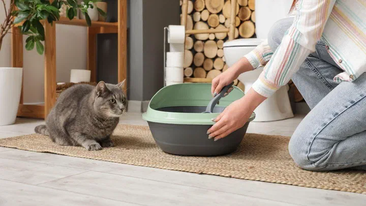 Người dùng xẻng xúc cát trong khay vệ sinh màu xanh, mèo xám ngồi cạnh quan sát