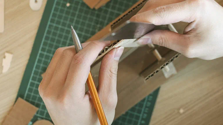 Bàn tay giữ thước kim loại và bút chì trên một tấm bìa carton đặt trên thảm cắt