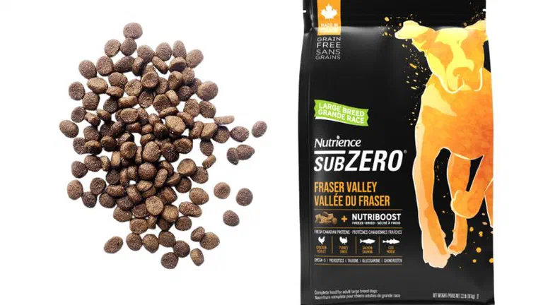 Túi hạt Nutrience SubZero Fraser Valley cho chó giống lớn bên cạnh một nắm hạt màu nâu