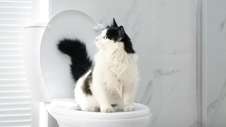Mèo lông dài đen trắng ngồi trên bệ bồn cầu trong phòng tắm sáng màu