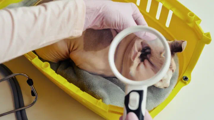 Bác sĩ thú y đeo găng dùng kính lúp soi tai một bé mèo Sphynx nằm trong lồng vận chuyển