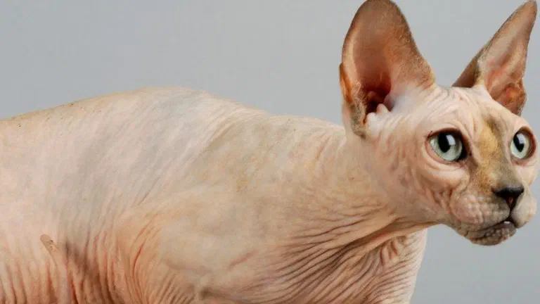 Cận cảnh một chú mèo Sphynx không lông với đôi tai lớn và lớp da nhăn