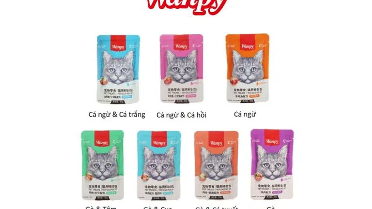 Bảy gói pate Wanpy cho mèo với các vị cá ngừ, cá hồi, gà, tôm và cua