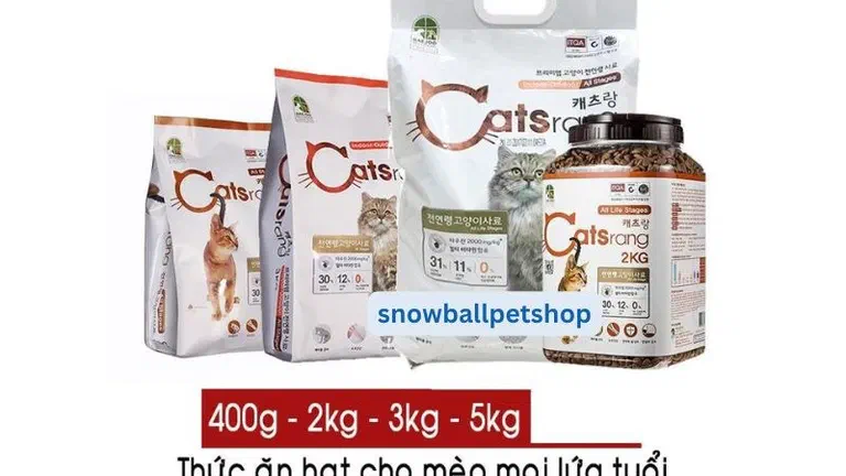 Các quy cách đóng gói hạt Catsrang: túi 400g, 2kg, 3kg, 5kg và hũ nhựa 2kg