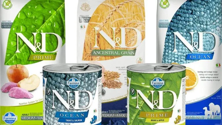 Các túi hạt và lon pate Farmina N&D thuộc dòng Prime, Ancestral Grain và Ocean dành cho chó