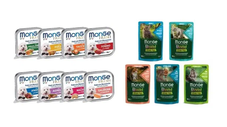 Khay pate Monge Fresh dành cho chó bên trái và các gói pouch Monge BWild dành cho mèo bên phải